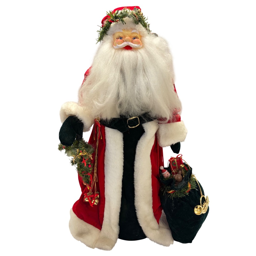 Vintage Style 22" Standing Santa Claus Figurine Red Velvet Toy Sack Bells Decor